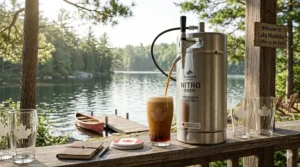 illustration-1: A nitro cold brew maker sitting on a wooden deck overlooking a Canadian lake during a summer morning in Muskoka.