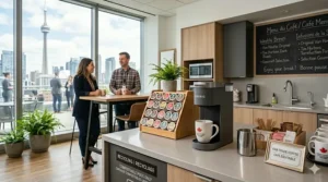 A Keurig office coffee station featuring bilingual English and French Menu du Café signage for a Montreal-style workplace.