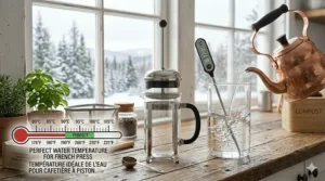 A thermometer illustration showing the ideal brewing temperature of 93°C for a French press coffee maker.