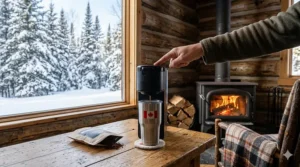 Handheld travel single serve coffee maker being used inside a snowy log cabin in Québec, showcasing a cozy Canadian winter morning.