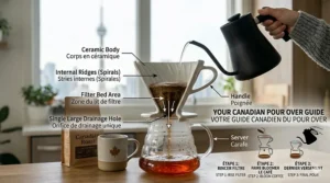 A bilingual infographic (EN/FR) providing a guide to the rinsing, blooming, and final pour stages of brewing with a manual dripper.