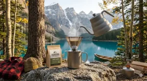 Lightweight pour over coffee maker being used at a Canadian campsite in the Rocky Mountains.