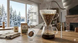 Technical diagram showing water flow through coffee grounds in a pour over coffee maker.