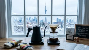 A cozy vector graphic of an electric pour over coffee maker steaming next to a pair of wool mittens on a cold morning.