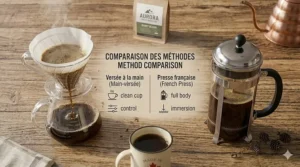 Illustration comparing a pour over coffee maker and a French press for Canadian home baristas.