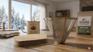 Comparison of paper and reusable metal filters for a sustainable pour over coffee maker setup.