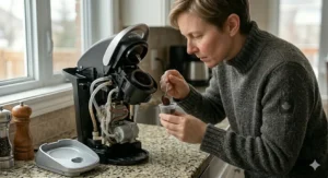 Illustration of a reusable K-Cup being filled with finely ground beans for a stronger Canadian-style dark roast.