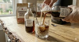 Diluting cold brew coffee with milk and ice for a smooth, DIY Canadian cafe experience.