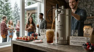 illustration-7: An illustration of a host serving cold brew from a nitro maker to friends at a Canadian backyard summer patio party.