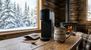 A close-up of a compact coffee maker next to a mug with English and French "Good Morning / Bonjour" text for the Canadian market.