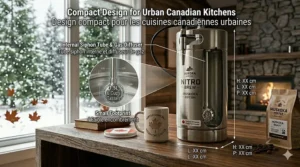 illustration-8: A sleek, compact nitro cold brew maker tucked neatly on a small apartment counter, ideal for urban Canadian living.