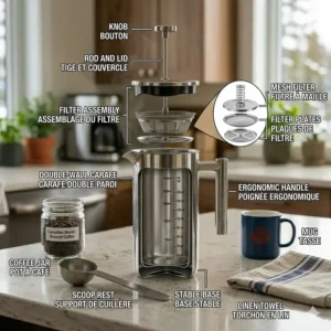 A detailed product anatomy illustration of a stainless steel French press with bilingual labels for the plunger, mesh filter, and double-wall carafe.