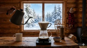 Illustration of eco-friendly coffee brewing in Canada using a Kalita Wave coffee maker and compostable filters.