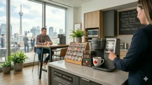 Close-up of an employee organizing bulk K-Cup pods into a blue recycling and sorting bin in a corporate kitchen.