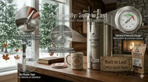 illustration-6: A minimalist illustration of a stainless steel nitro cold brew maker highlighting its reusable nature to reduce plastic waste in Canada.