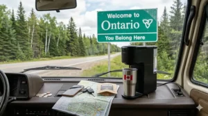 A travel single serve coffee maker plugged into a camper van dashboard with a 'Welcome to Ontario' sign in the background.