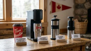 A comparison graphic of travel single serve coffee maker sizes against a standard Canadian Tim Hortons-style large cup.