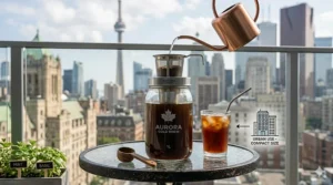 A photorealistic 4K technical illustration of the Aurora 1L glass mason jar kit on a modern urban balcony with a blurred Canadian city skyline background.