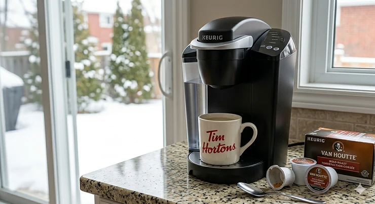A frustrated person in a cozy plaid sweater holding a watery, translucent cup of coffee next to a Keurig machine in a bright Canadian kitchen. why is my Keurig coffee weak