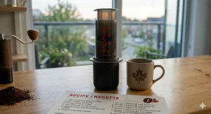 AeroPress coffee maker displayed with a recipe card written in both English and French.