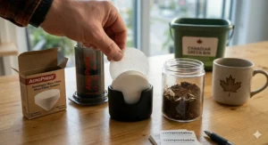 Illustration highlighting the compostable paper filters used with the AeroPress coffee maker.