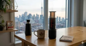 Minimalist kitchen counter in a Toronto condo featuring an AeroPress coffee maker and fresh beans.