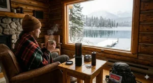 A steaming mug of coffee brewed by an AeroPress coffee maker next to a window with falling snow.