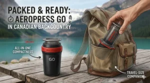 Illustration showing how the compact AeroPress Go packs into its travel mug and slides easily into a hiking backpack pocket for outdoor adventures.