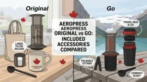 A diagram breaking down the full accessory kit of the AeroPress Original compared to the self-contained travel components of the AeroPress Go.