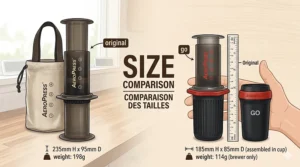 An infographic illustrating the height and width differences between the AeroPress Original and the compact AeroPress Go for travel.