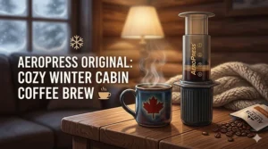 An illustration of the AeroPress Original brewing coffee in a cozy Canadian winter cabin, highlighting comfort and reliability in the cold.
