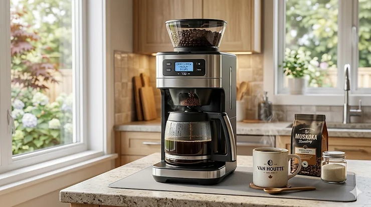 Freshly brewed coffee from an affordable grind and brew coffee maker. / Café fraîchement moulu avec une cafetière à broyeur abordable.