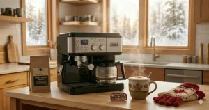 Cozy vector illustration of an all-in-one coffee and espresso combo machine steaming a latte indoors on a snowy Canadian winter day.