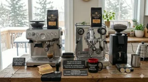 A labeled illustration of a hybrid coffee espresso combo machine detailing its dual-heating block system, water reservoir, and built-in milk frother.