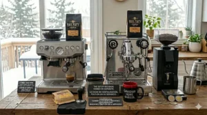 An anatomy diagram of a dedicated separate espresso machine paired with an independent single-dose coffee grinder and a scale measuring beans in grams.