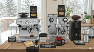 Illustration highlighting the workflow failure risks of a coffee espresso combo machine versus easily replaceable component parts of separate coffee maker setups.