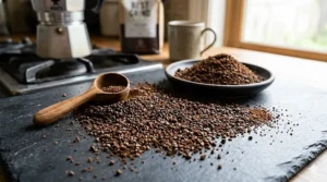 High-detail close-up of medium-fine coffee grounds on a slate board, showing the ideal texture for the best Moka pot extraction.