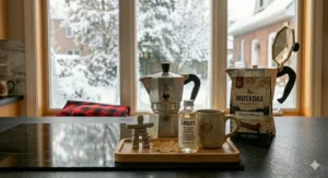 An iconic Bialetti Moka pot sitting as a decor piece on a minimalist Canadian countertop next to a bag of locally roasted coffee beans.