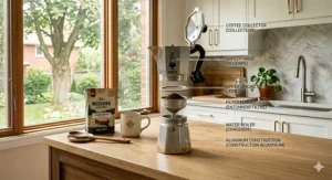 Exploded view of Bialetti Moka pot parts including the boiler, filter basket, and collector, highlighting the durable aluminum build popular in Canada.