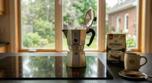 Close-up of a Bialetti Moka pot on a standard electric coil stove, common in many Canadian apartments and homes.