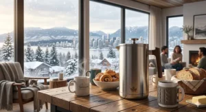 An illustration shows a hostess filling eight assorted coffee mugs from a single brew of a large French press, illustrating how the 1.5L size facilitates effortless entertaining for larger groups.