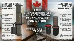 A value infographic comparing the price points and feature sets of the AeroPress Original vs. Go to help Canadian shoppers decide.