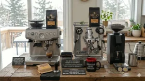 A consumer checklist comparison chart for choosing between a coffee espresso combo vs separate machines, designed for Canadian home baristas / barista à domicile.