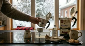 Rinsing a Bialetti Moka pot with water in a kitchen sink, demonstrating easy maintenance for long-lasting use.