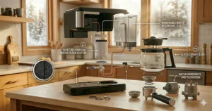 Exploded view diagram of a coffee and espresso combo machine highlighting the charcoal water filtration system, removable reservoir, and glass coffee carafe.