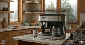 Dimension chart illustration highlighting the compact countertop footprint of an all-in-one coffee and espresso combo machine for small kitchens.