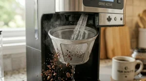 A compact, affordable grind and brew coffee maker on a kitchen counter. / Cafetière à broyeur compacte et abordable sur un comptoir de cuisine.