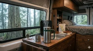 A compact portable French press coffee maker being used inside a camper van parked near a coastal BC forest.