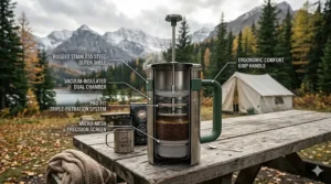 Cross-section illustration of a stainless steel portable French press coffee maker highlighting its rugged, "Canada-proof" design.