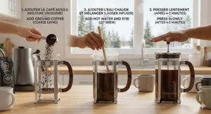 An illustrated infographic showcasing a large French press with an insulated double-wall stainless steel design, explaining how it maintains coffee temperature longer, an essential feature for entertaining groups in Canada.